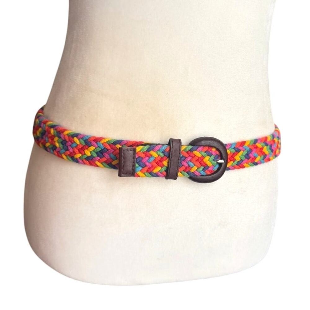 Braided Rainbow Multicolor Belt Cotton Genuine Bonded Brown Buckle‎ Size Medium